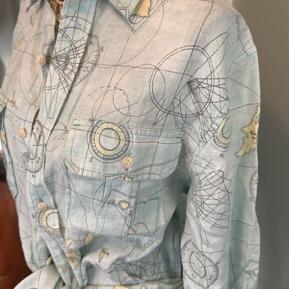 RARE Lands End *LINEN* Sample Sale Map Geography Compas Aqua Utility  Shirt - Picture 3 of 12